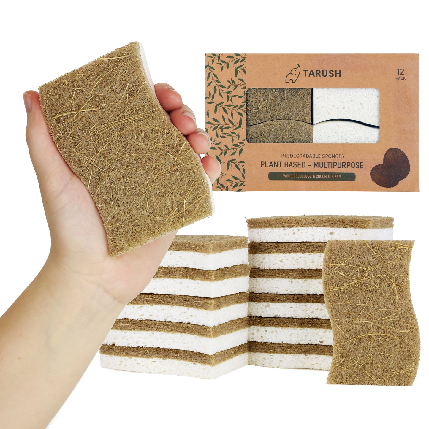 Tarush Natural Kitchen Sponges - 12 pack Biodegradable Dish Sponges for Non-Scratch Scrubbing
