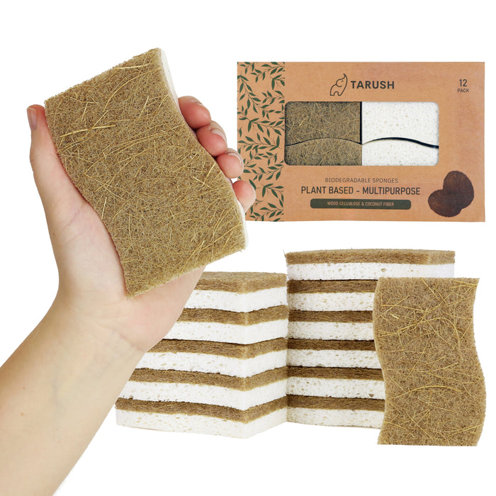 Tarush Natural Kitchen Sponges - 12 pack Biodegradable Dish Sponges for Non-Scratch Scrubbing - Tarush