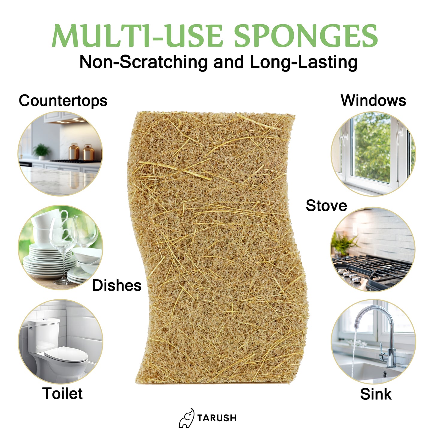 Tarush Natural Kitchen Sponges - 12 pack Biodegradable Dish Sponges for Non-Scratch Scrubbing