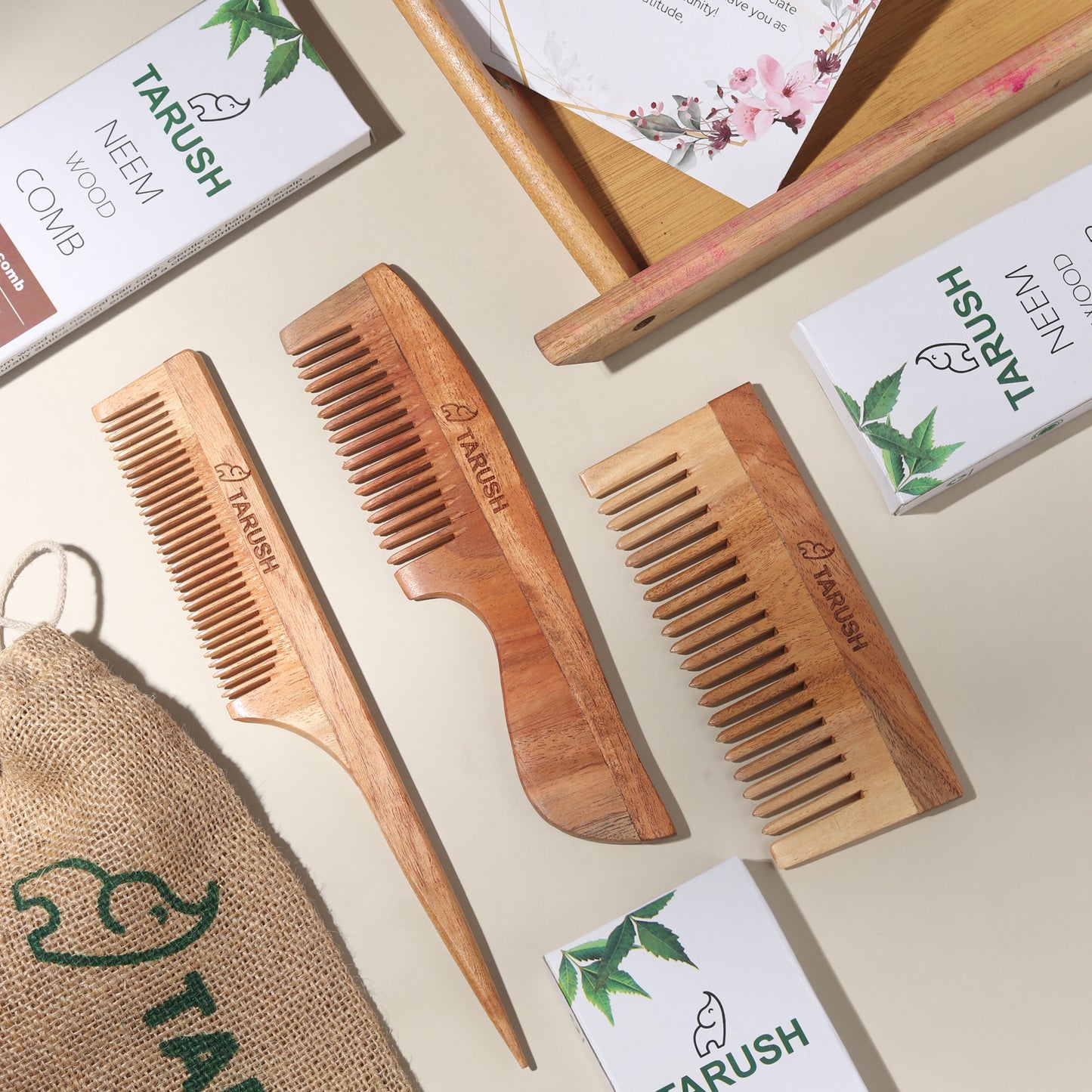 Neem Wood Hair Comb Pack of 3 – Natural Anti-Dandruff Wooden Combs for Hair Growth, Scalp Care & Frizz Control – Eco-Friendly